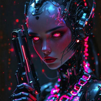The primary subject of the image is a woman with glowing red eyes, holding a gun. She is wearing a futuristic outfit and has a cyborg-like appearance. The setting is a dark room with a red glow, which adds to the overall mood of the image. The visual style is a combination of digital art and illustration, creating a unique and captivating scene.